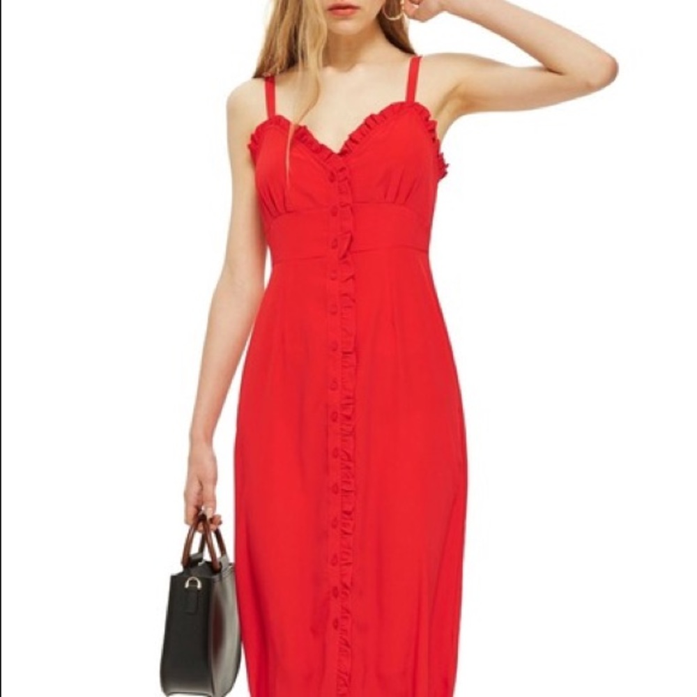 TOPSHOP Red Ruffles Button Down Midi Dress New